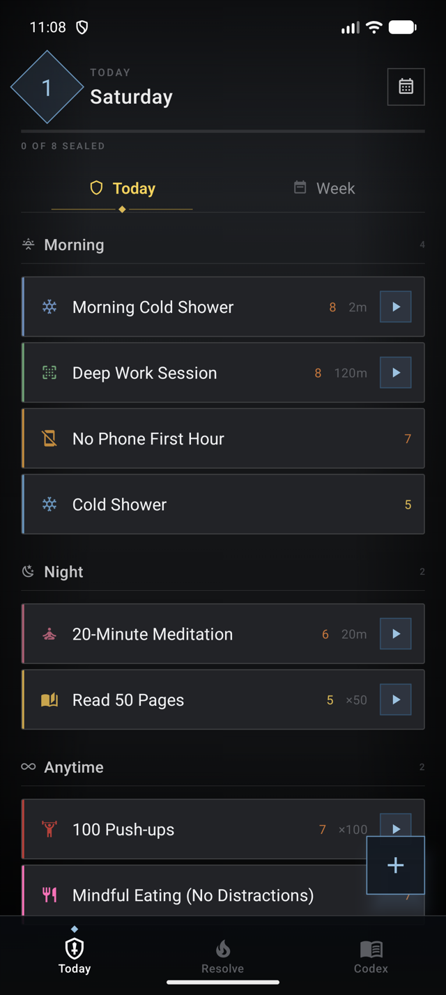 The WillPower Today screen: eight builders for the day grouped into Morning, Night and Anytime, each showing its difficulty rating and duration, with a play button to start its Focus Trial.